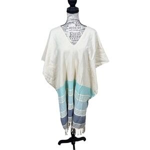 tribe alive Cream and Aqua Striped Woven Poncho